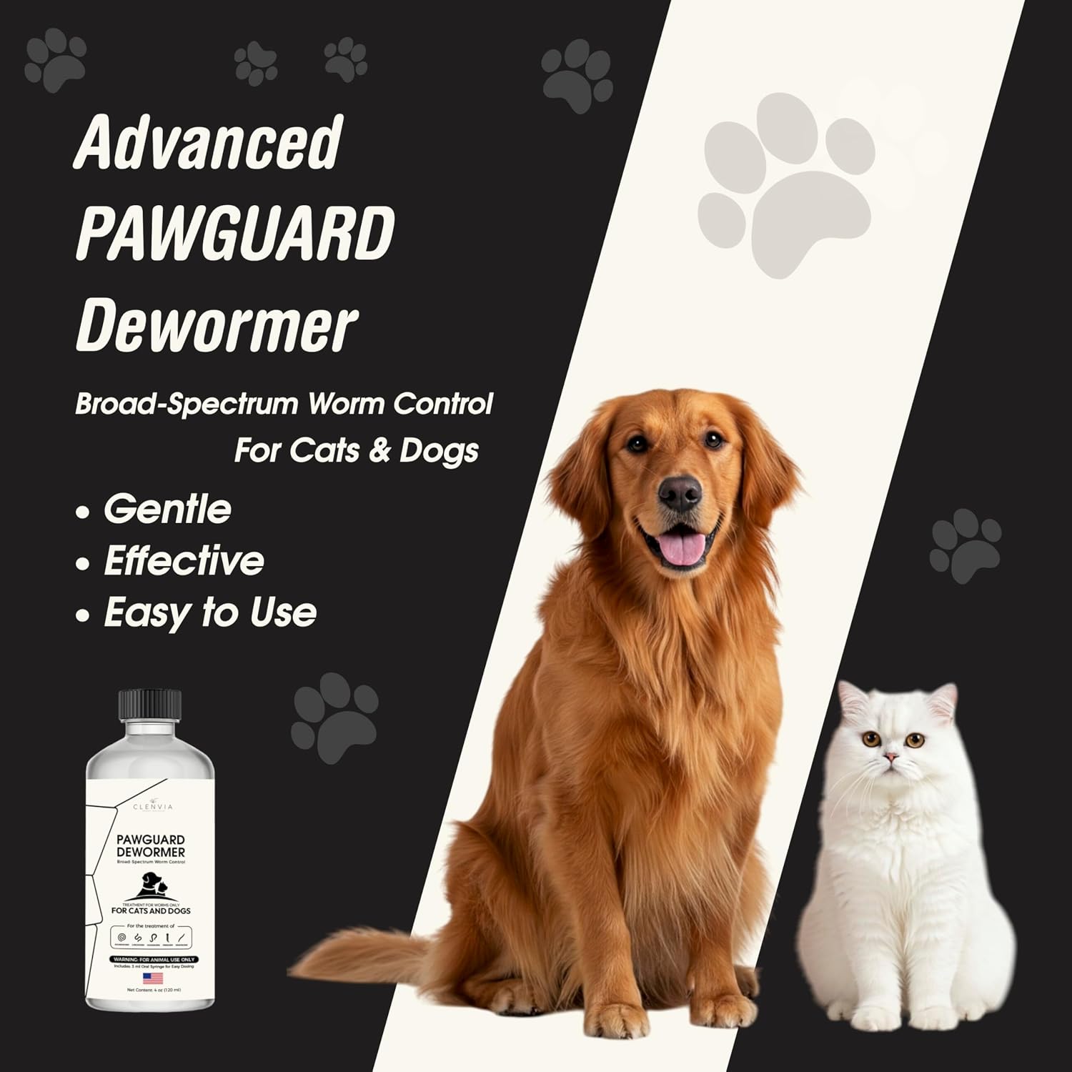 Premium pet parasite control liquid package detailing roundworm and hookworm elimination features.