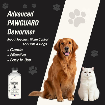 Premium pet parasite control liquid package detailing roundworm and hookworm elimination features.