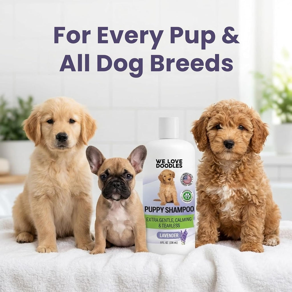 We Love Doodles tear free puppy shampoo eight fluid ounce bottle.