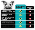 Dinovite postbiotic formula dog dental chews on a clean retail display background