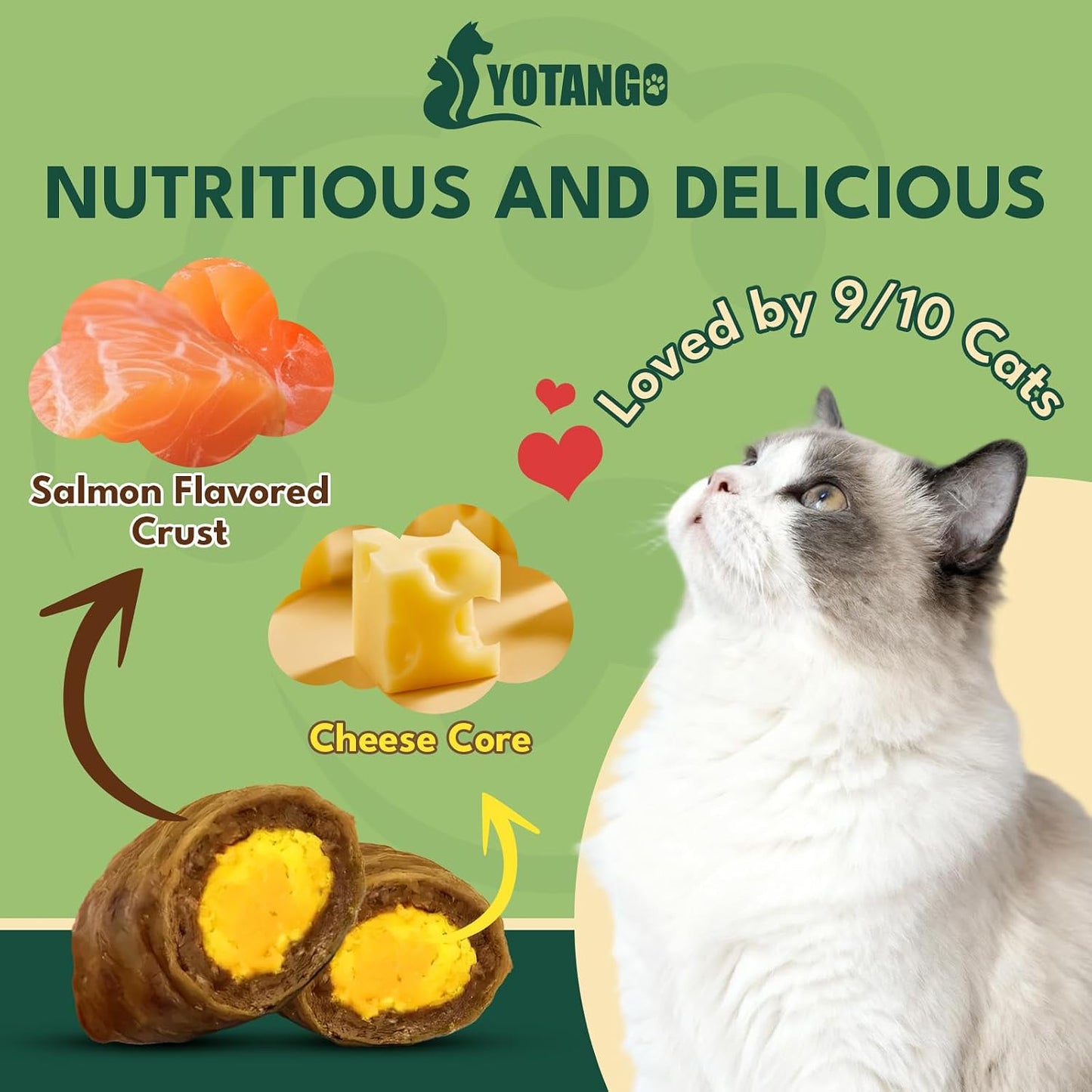 Yotango crunchy exterior and creamy interior cat treat supplement packaging detail