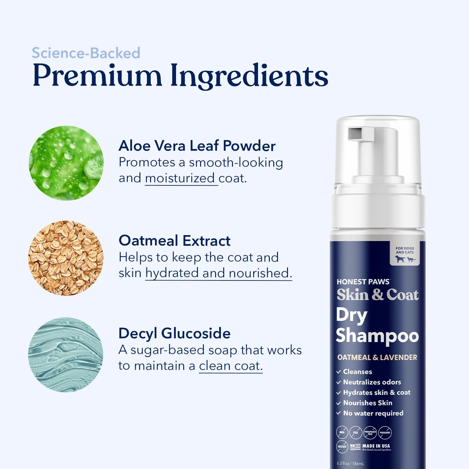 Honest Paws skin and coat care dry shampoo for dogs with safe plant based formula callouts