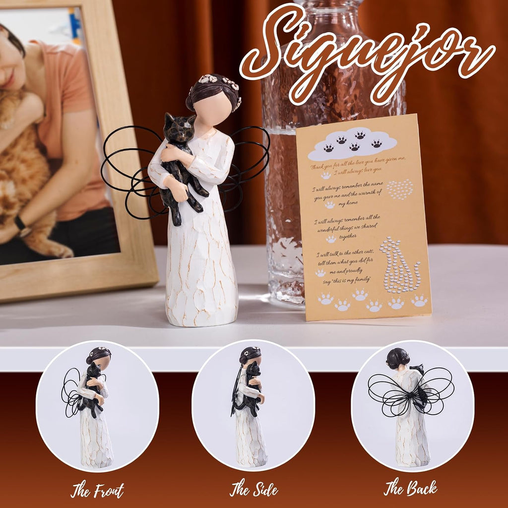 SIGUEJOR cat angel figurine showcasing the included condolence sympathy card
