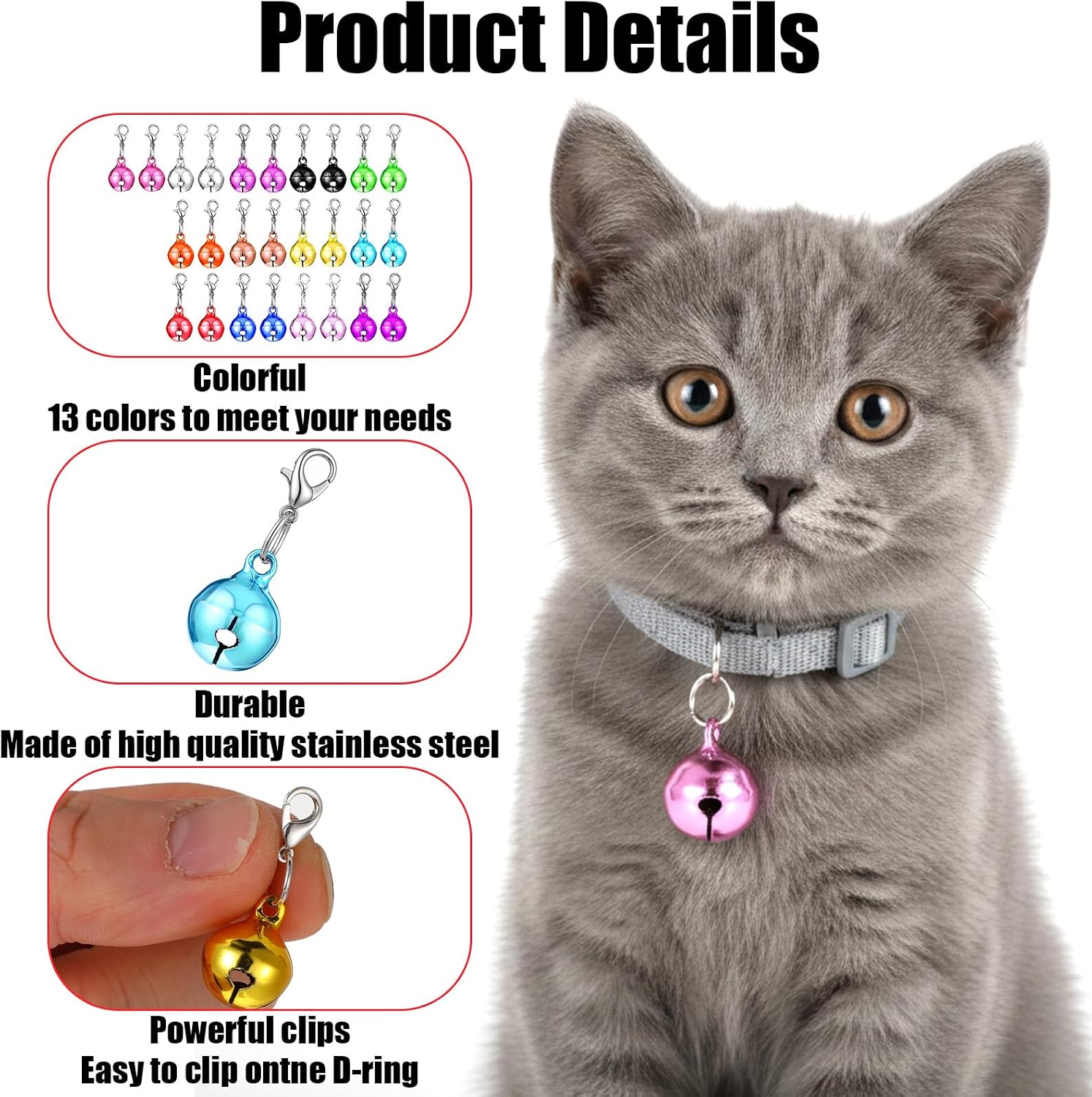 Demonstration of the easy clip lobster clasp attachment mechanism on a lightweight kitten collar charm.