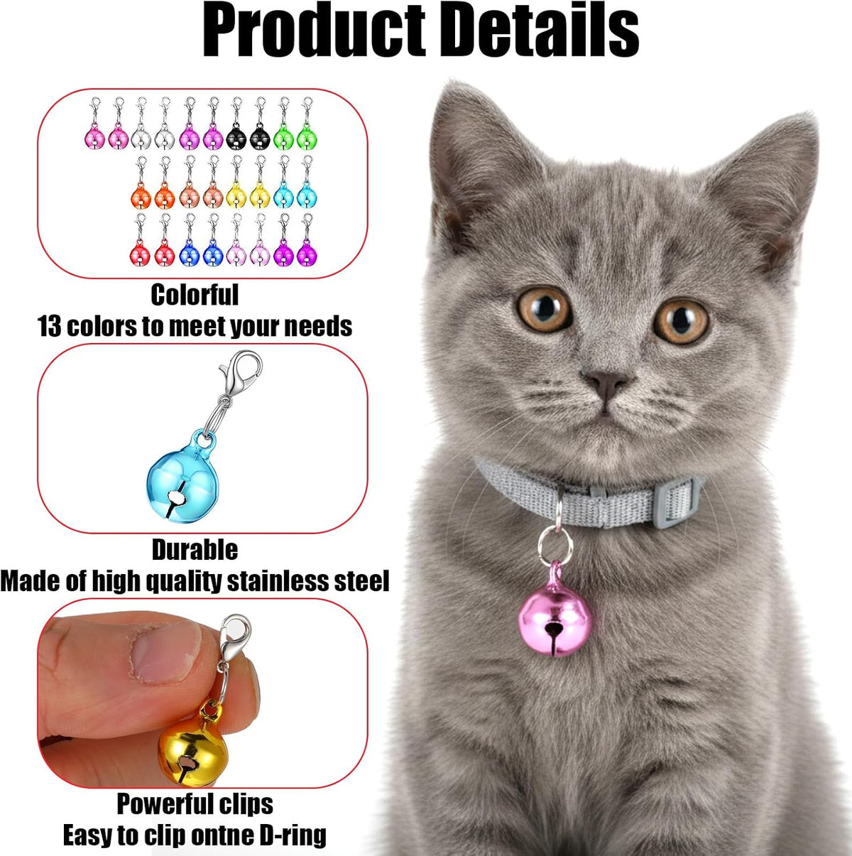Demonstration of the easy clip lobster clasp attachment mechanism on a lightweight kitten collar charm.