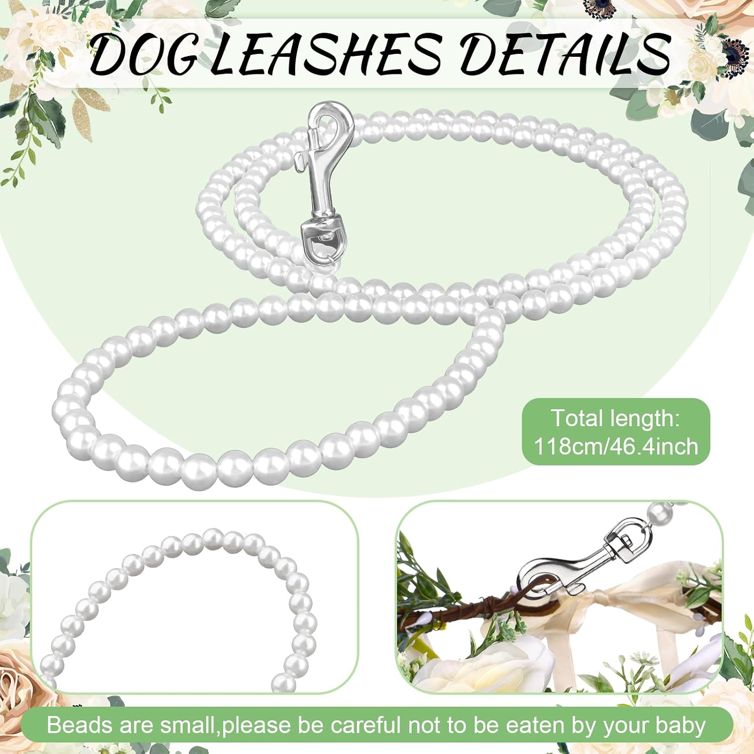 Beaded pearl dog leash with stainless steel wire