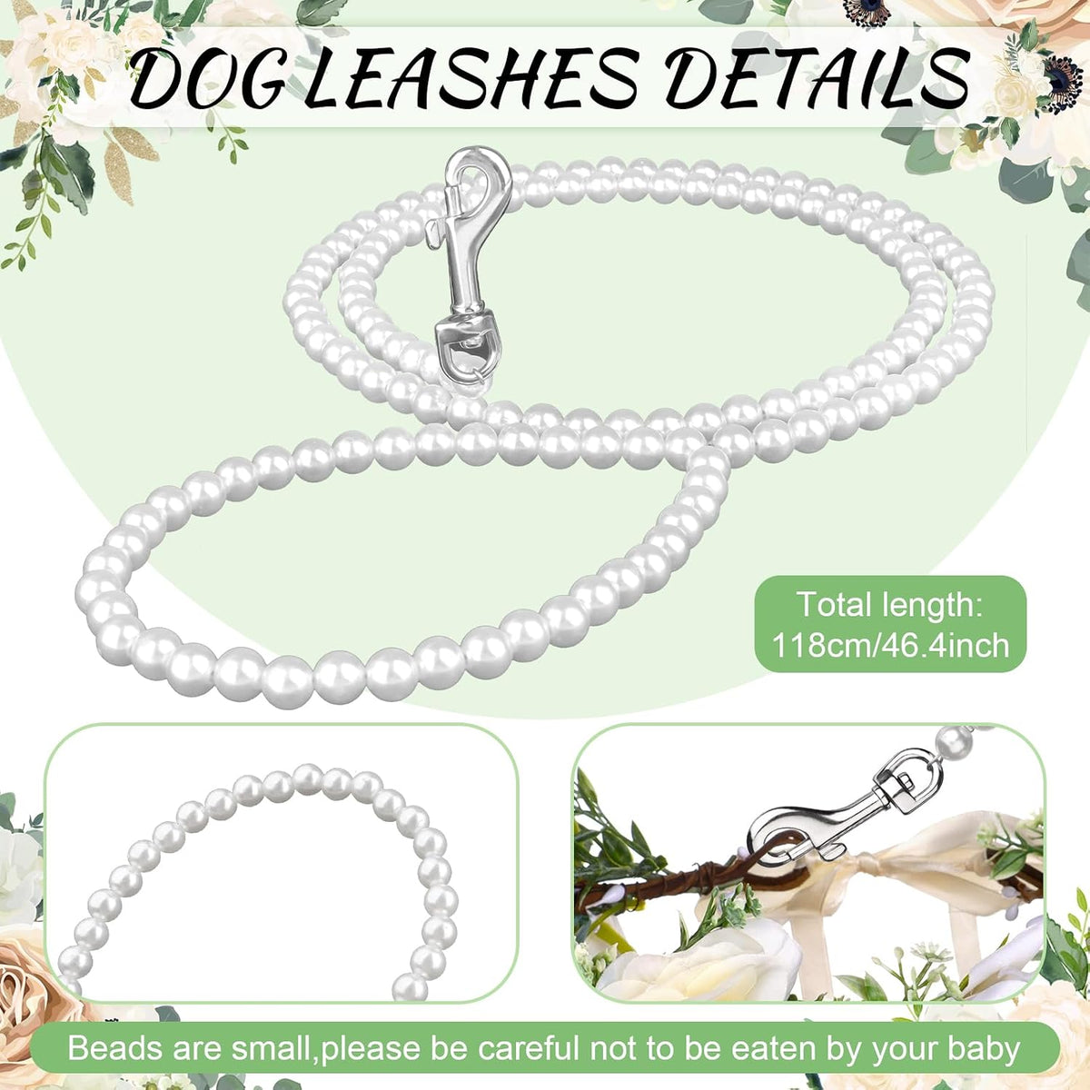 Beaded pearl dog leash with stainless steel wire