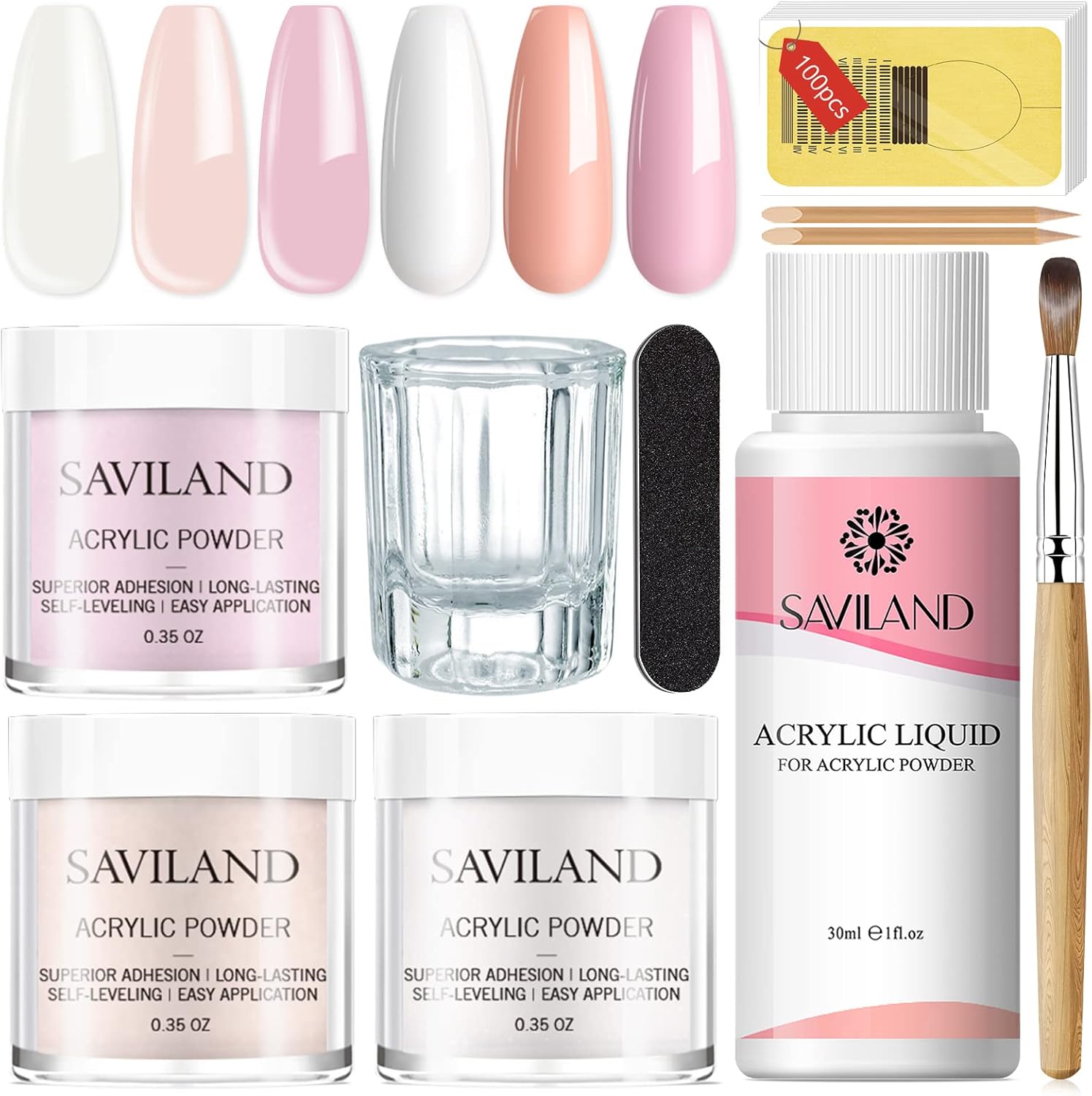 Saviland Acrylic Nail Starter Kit front view showing powder jars and liquid monomer