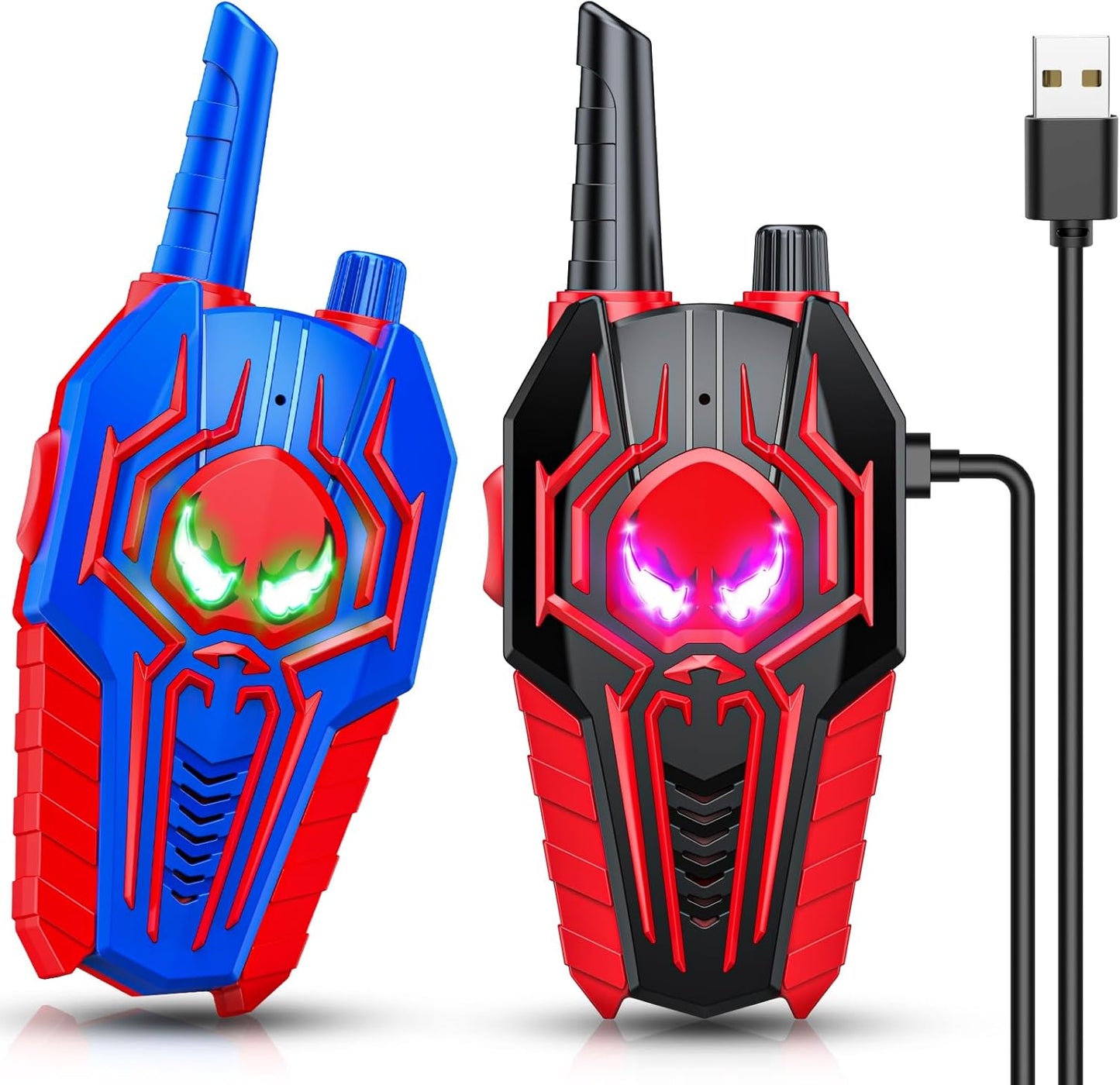 Evassal kids rechargeable walkie talkies front view showing red and black superhero design