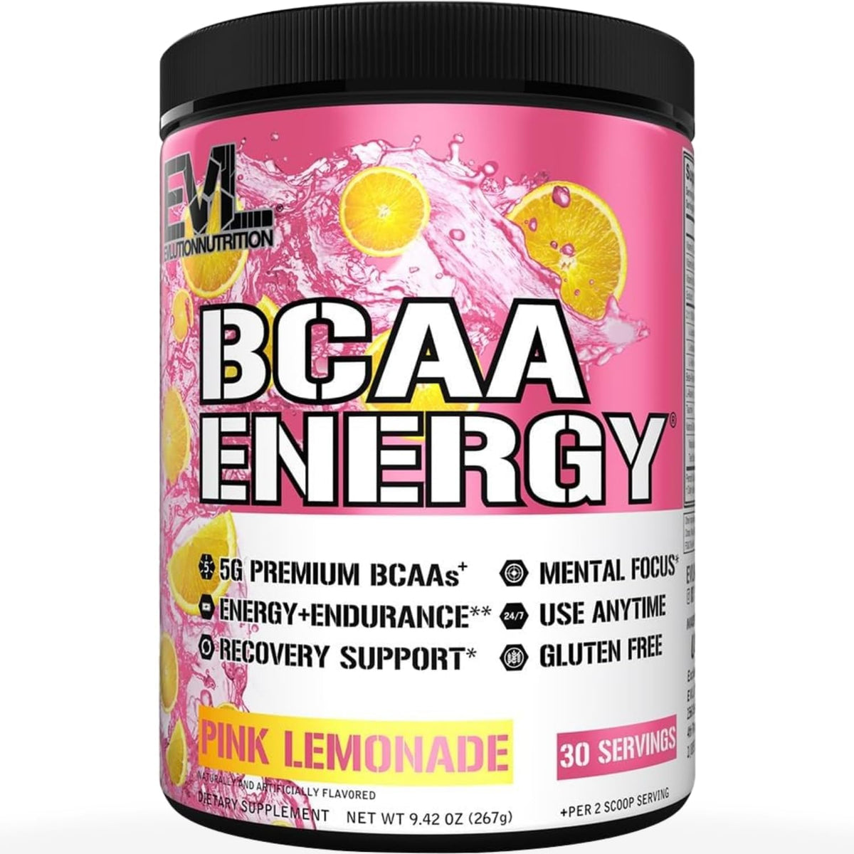 Evlution Nutrition BCAA Energy Pink Lemonade tub front view for muscle recovery
