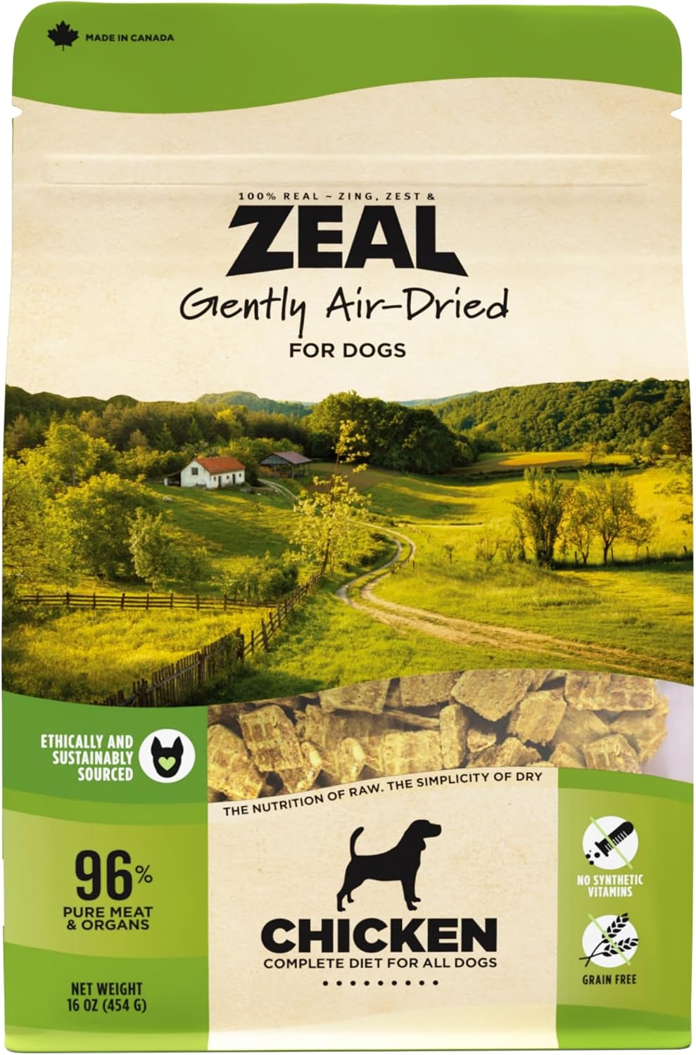 ZEAL Canada high protein beef recipe dog food bag displayed on counter.