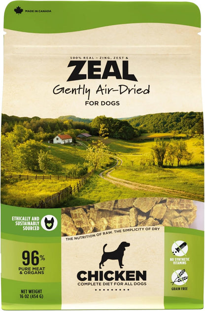 ZEAL Canada high protein beef recipe dog food bag displayed on counter.