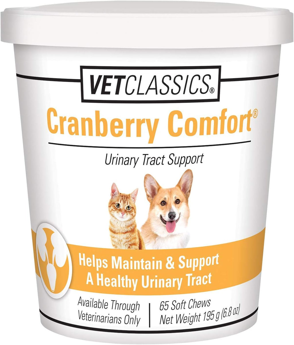 Vet Classics Cranberry Comfort 120 count bottle displaying target benefits for pet bladder care