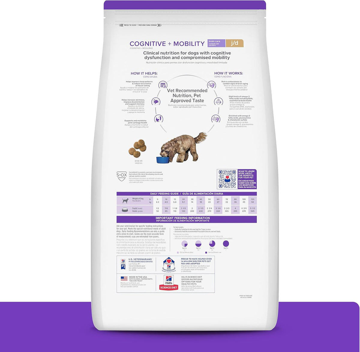 Hill's Prescription Diet Cognitive and Mobility dry kibble packaging showcasing chicken flavor ingredients.
