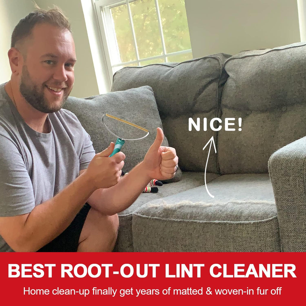 Using Elemsy pet hair rake on a living room carpet