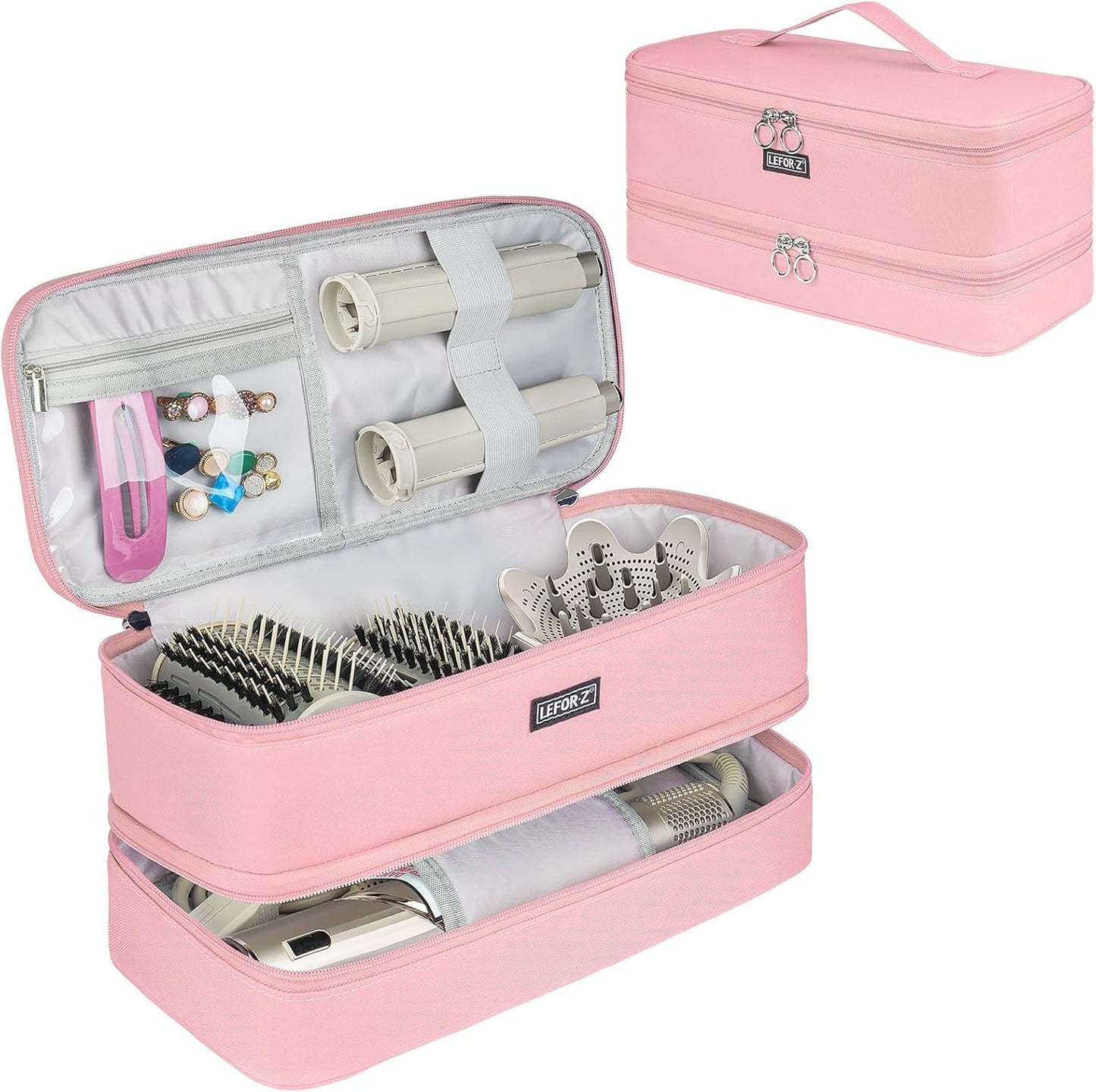 LEFOR-Z travel carrying case front view showcasing the premium pink water-resistant exterior
