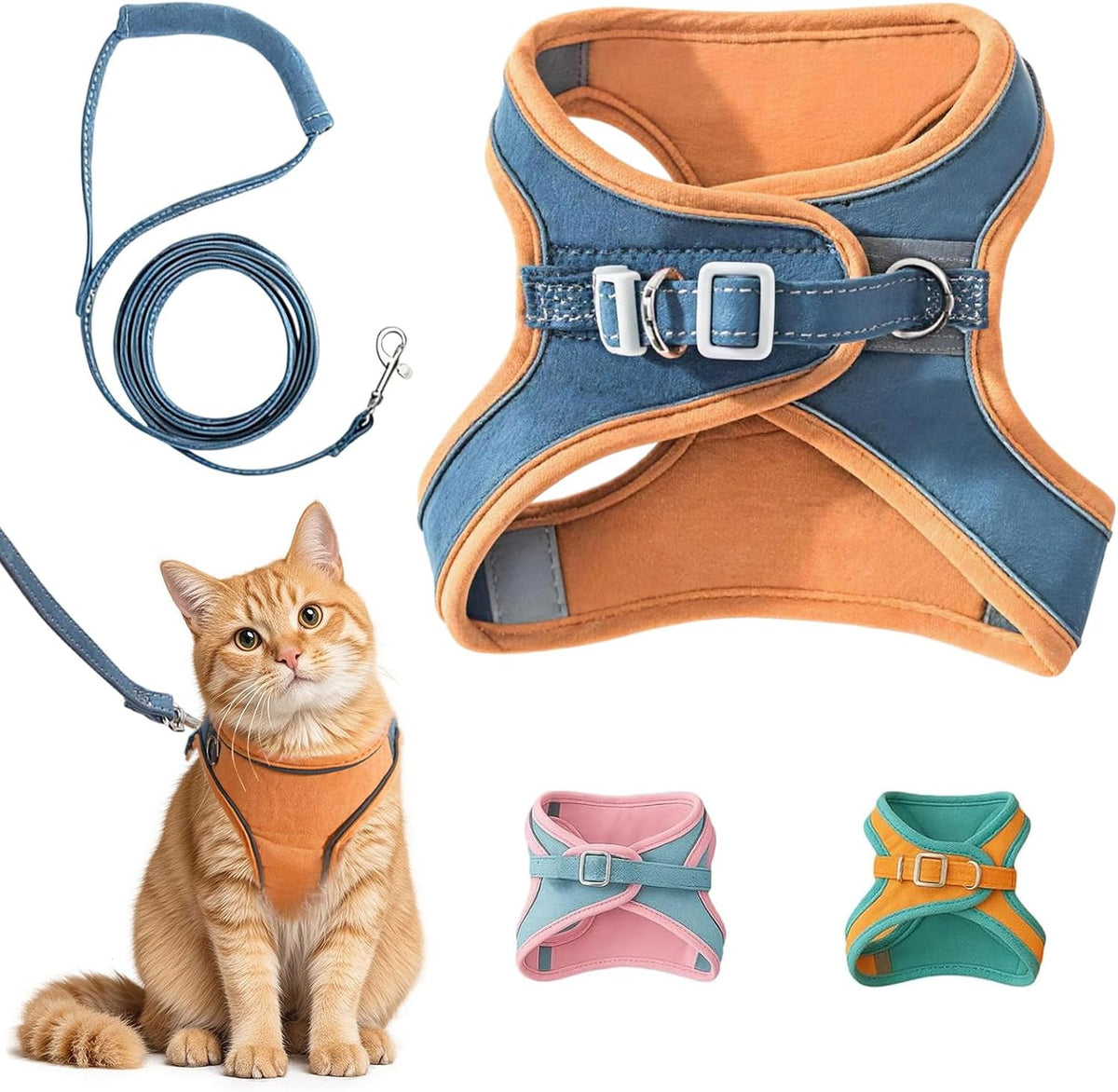 Generic escape proof cat harness front view on a blue vest