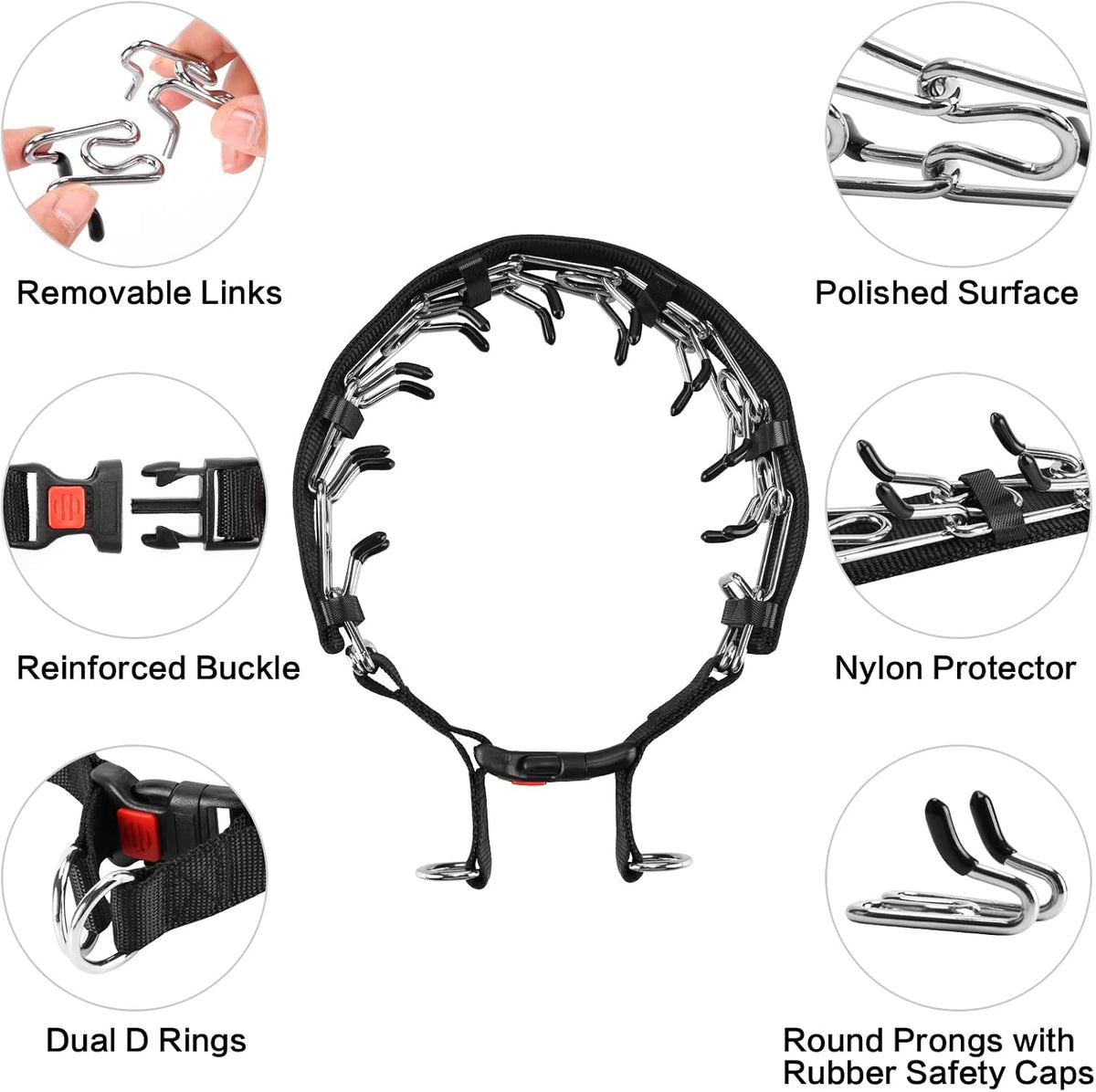 Stainless steel dog prong collar with removable nylon protector sleeve for a discreet look.