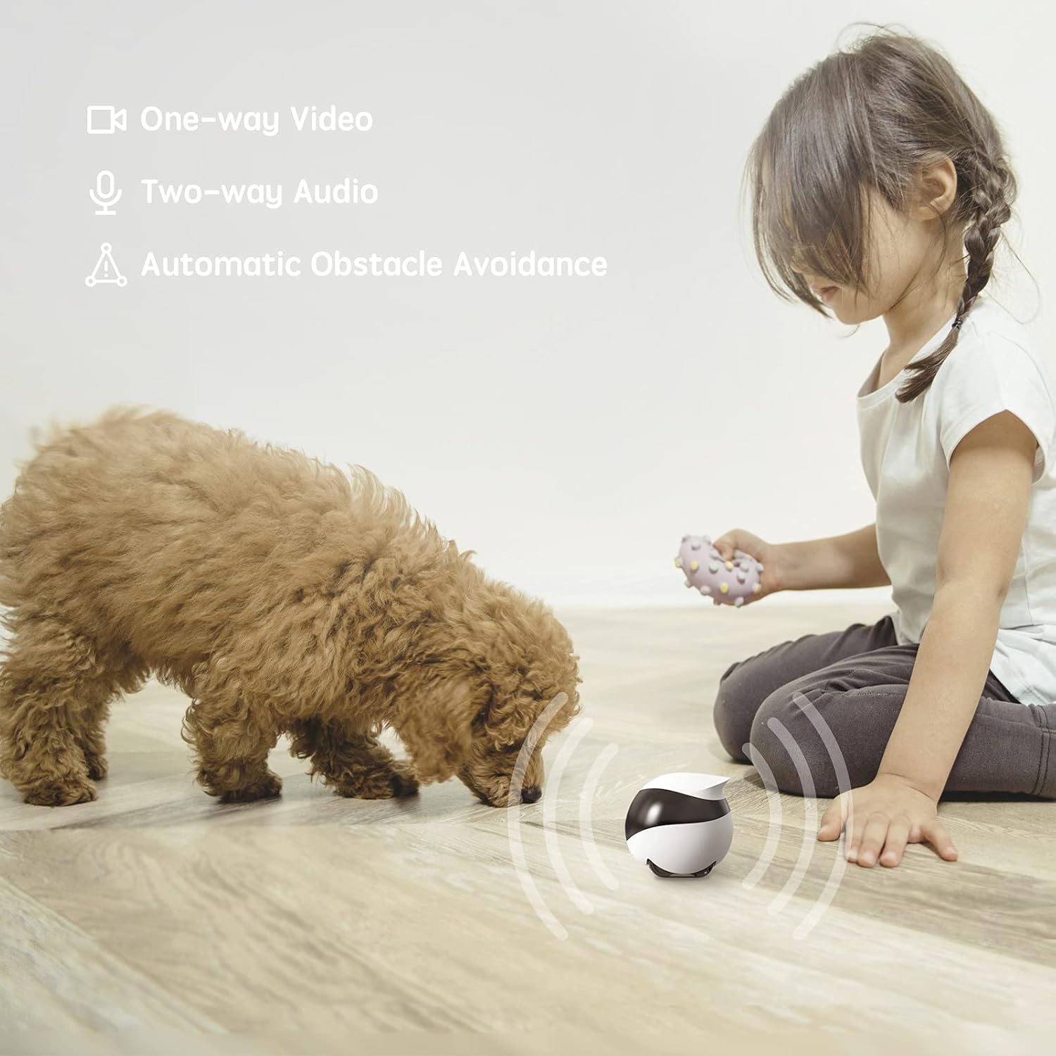 Enabot smart companion robot docking autonomously onto its white charging pad for auto recharge.