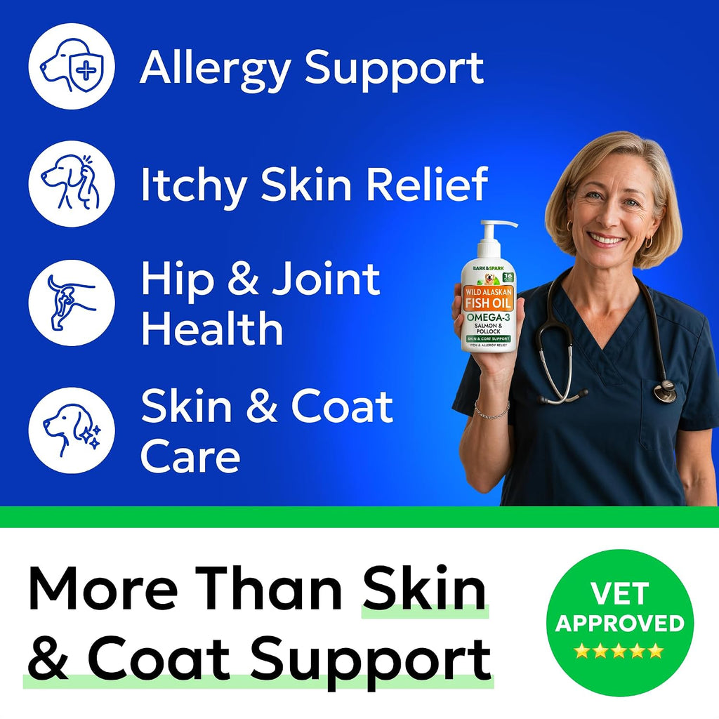 BARK&SPARK Wild Alaskan Salmon Oil for dogs showing the back label with ingredients and dosage guidelines