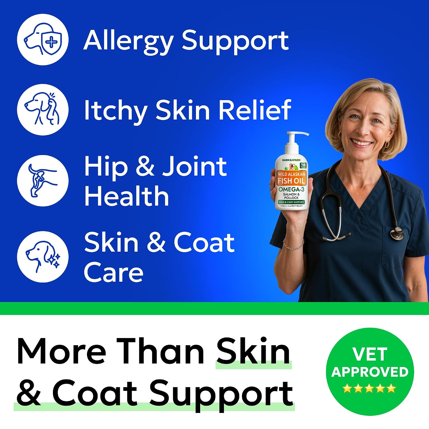 BARK&SPARK Wild Alaskan Salmon Oil for dogs showing the back label with ingredients and dosage guidelines