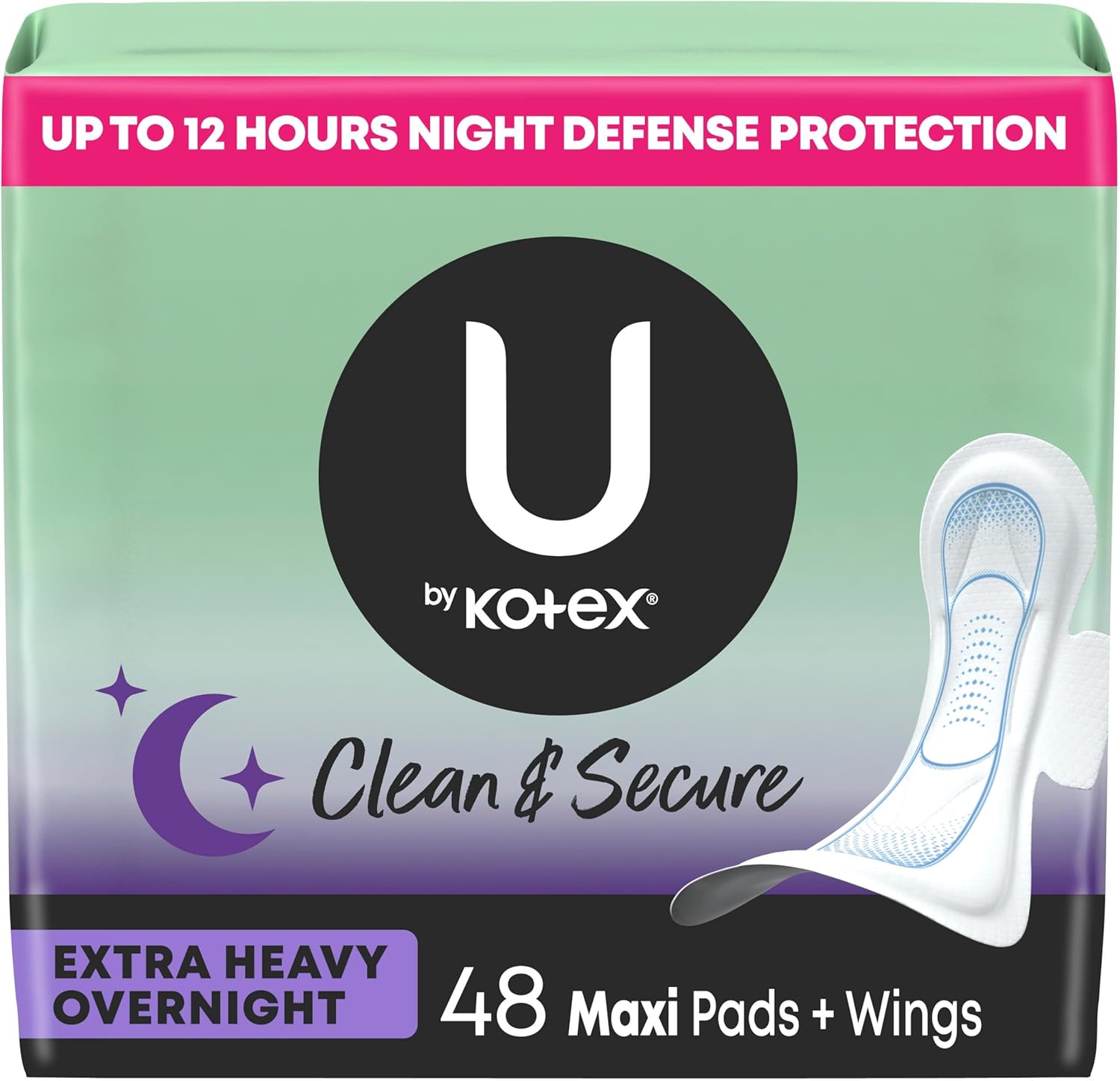 U by Kotex Clean and Secure Overnight Maxi Pads 48 count pack front view for heavy flow protection.