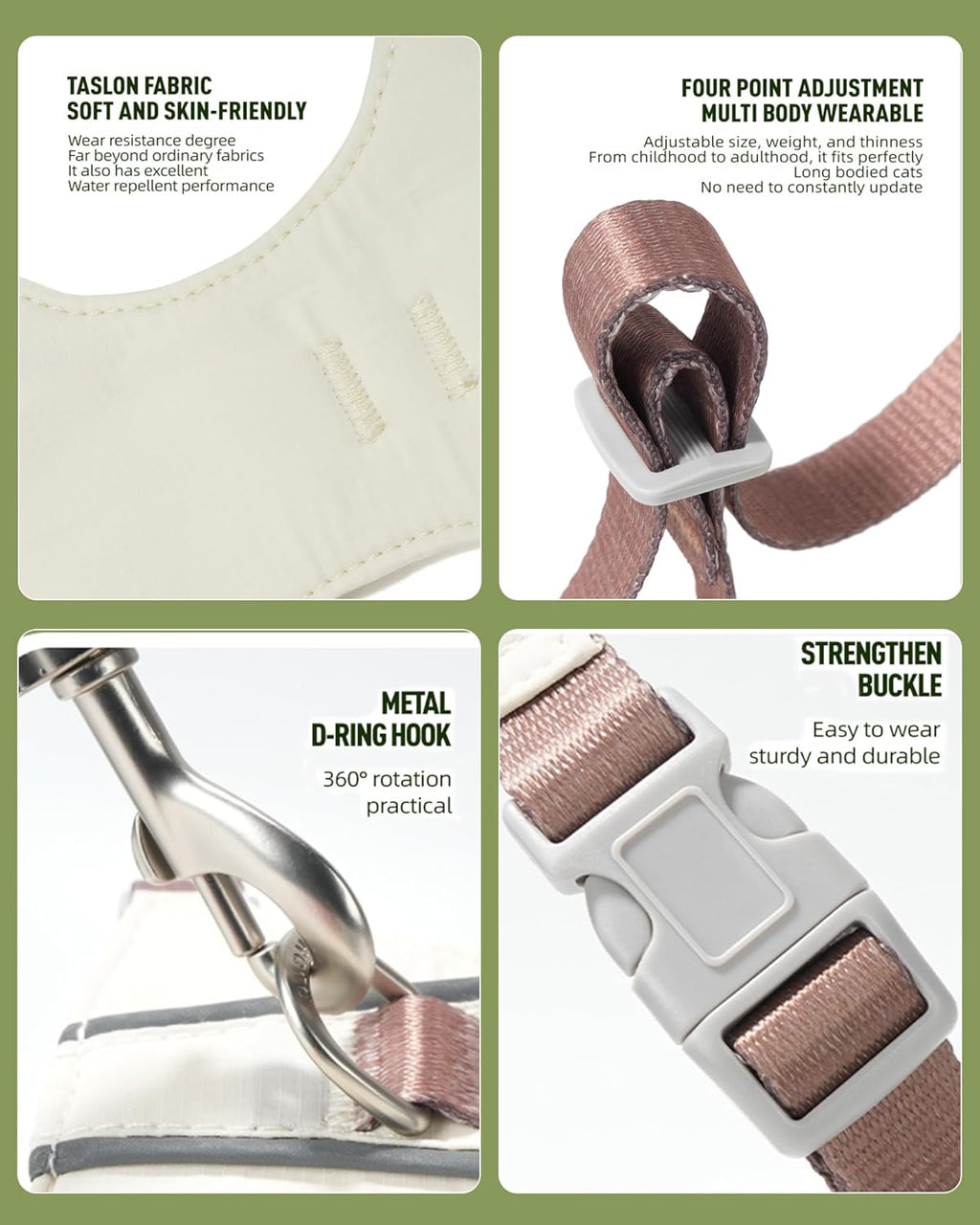 Escape proof cat harness with double protection velcro wraps and quick release buckle.