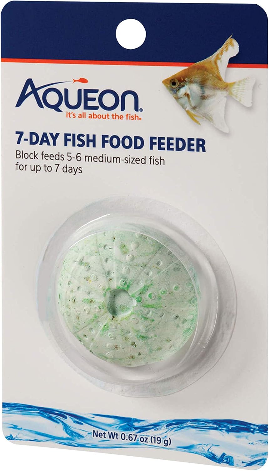 Aqueon 7 Day Vacation Feeder front view packaging of USA imported slow release fish food block