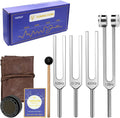 HATILP Tuning Fork Set front view showing four aluminum frequency tools with a mallet and activator