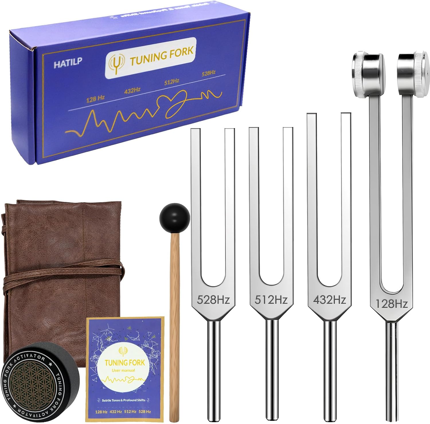 HATILP Tuning Fork Set front view showing four aluminum frequency tools with a mallet and activator