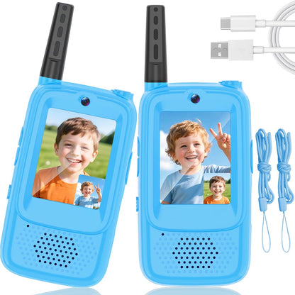 MINIBEAR D3 video walkie talkies for kids front view showing blue rechargeable two pack with screen