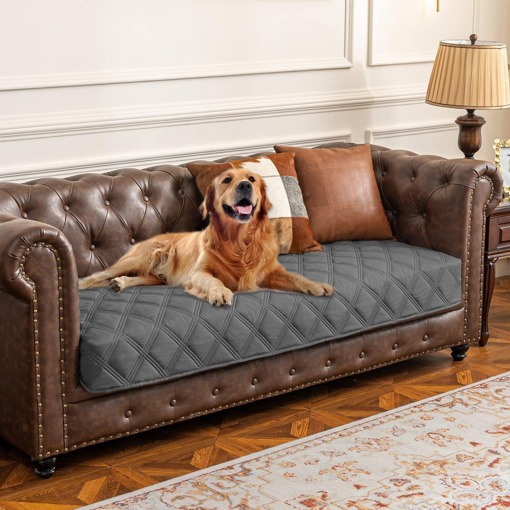 Ameritex waterproof dog bed cover front view showing dark grey quilted diamond pattern.