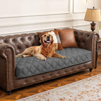 Ameritex waterproof dog bed cover front view showing dark grey quilted diamond pattern.