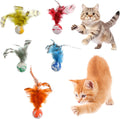 Yuanan 5 Piece Feather Cat Toy front view showing colorful rubber bouncy balls with natural feathers.