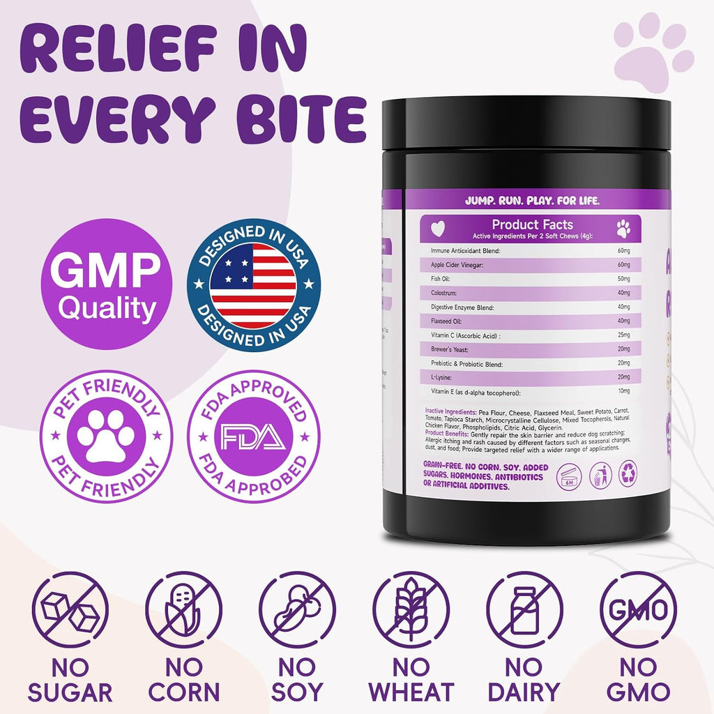 USA imported feline allergy relief chews back label with feeding instructions.