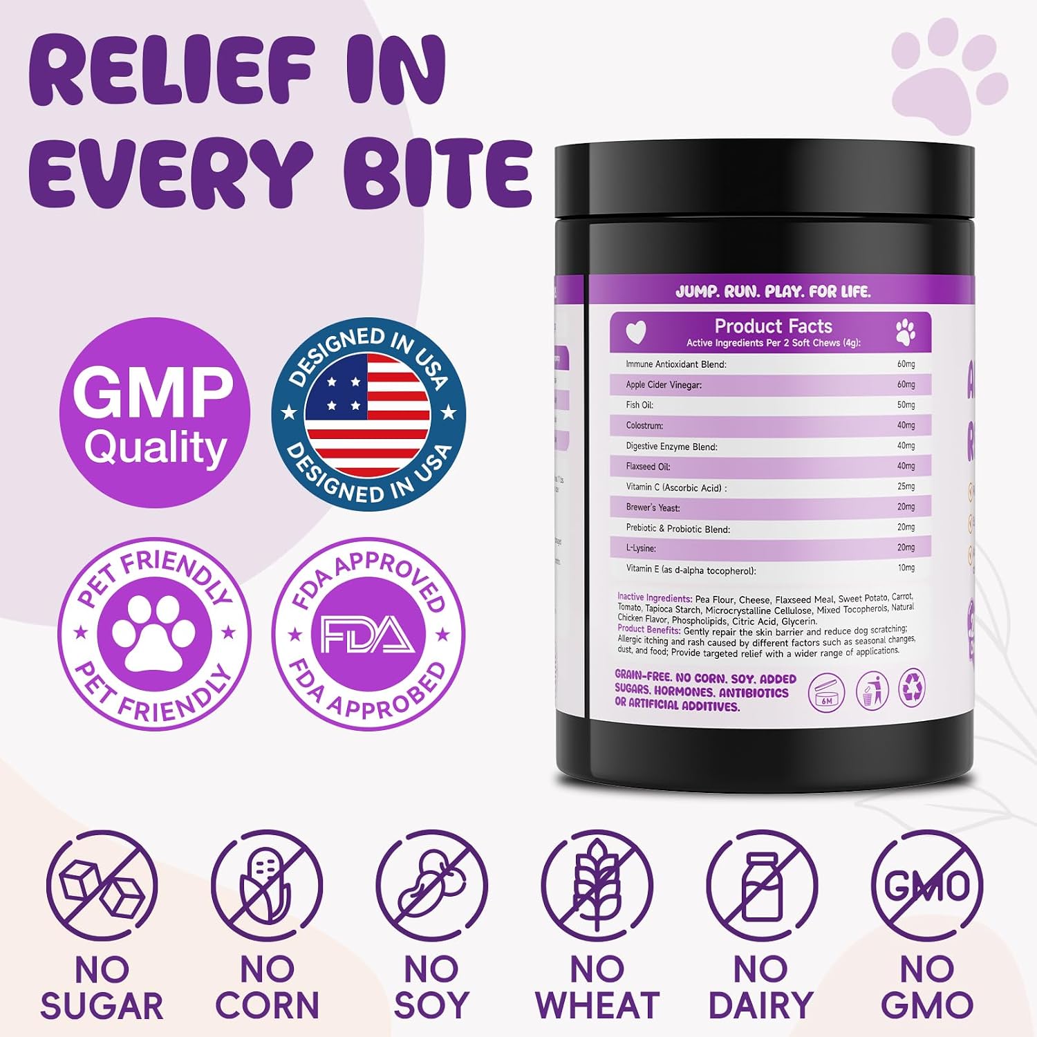 USA imported feline allergy relief chews back label with feeding instructions.