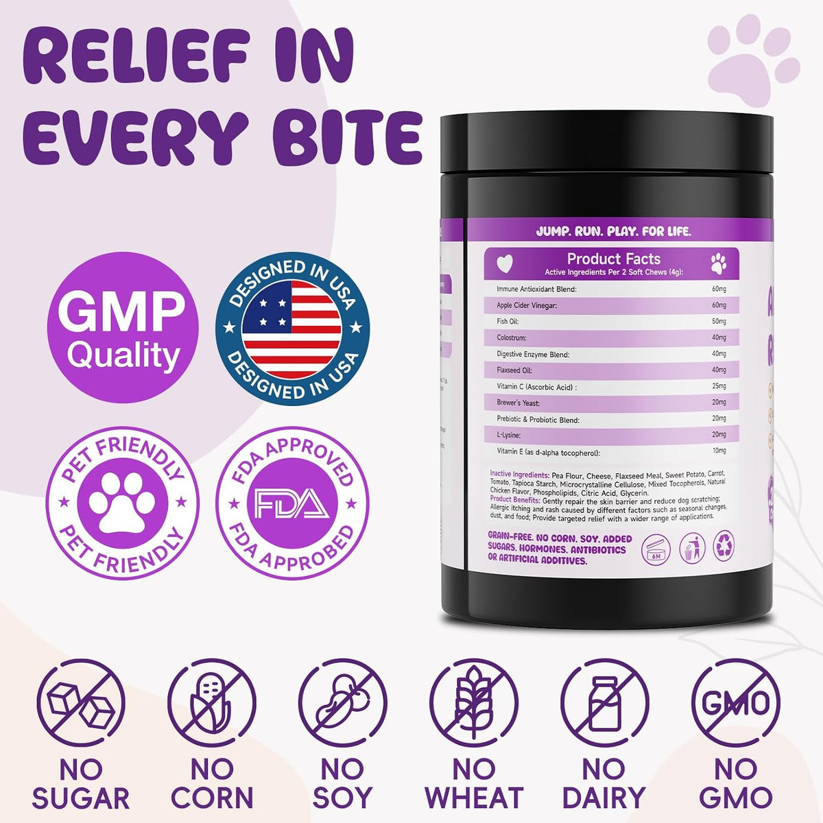 USA imported feline allergy relief chews back label with feeding instructions.
