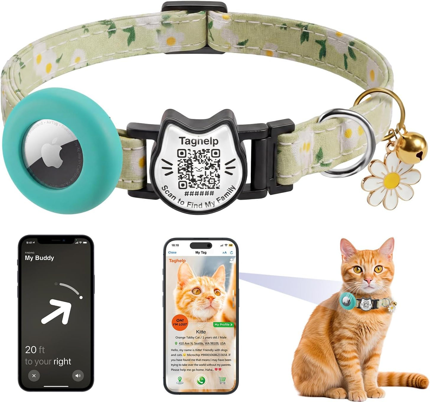 Cute Floral Breakaway Cat Collar with QR Code ID, Cotton Kitten Collar with Bell & AirTag Holder, Adjustable Safety Collar for Cats,Pastoral Style with airtag Holder(Pink) - Image 12