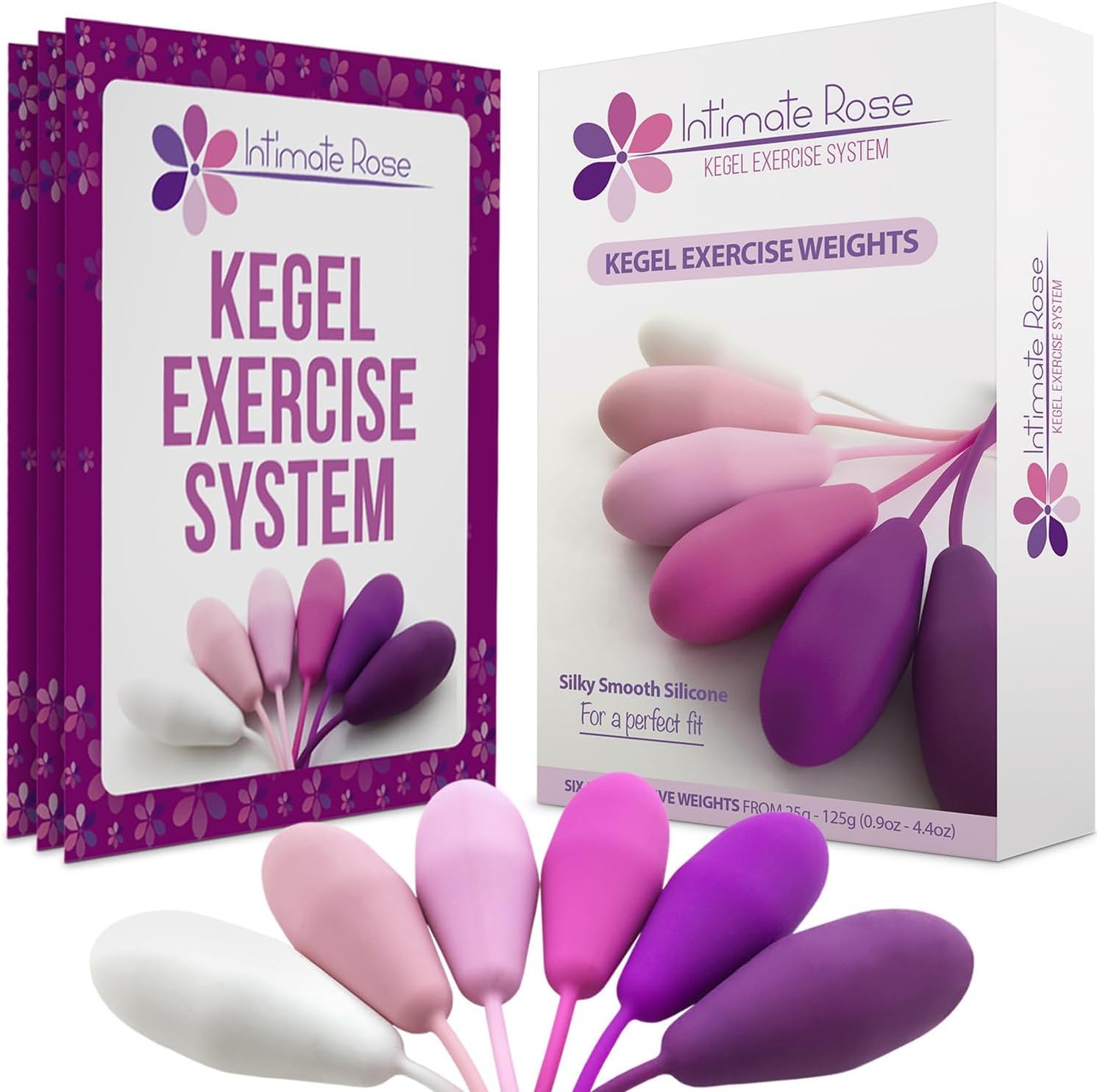 Intimate Rose Kegel Exercise System front view showing six colorful silicone weights.
