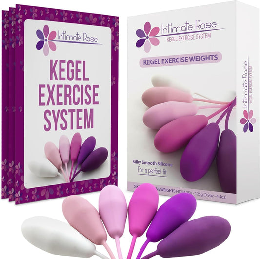 Intimate Rose Kegel Exercise System front view showing six colorful silicone weights.