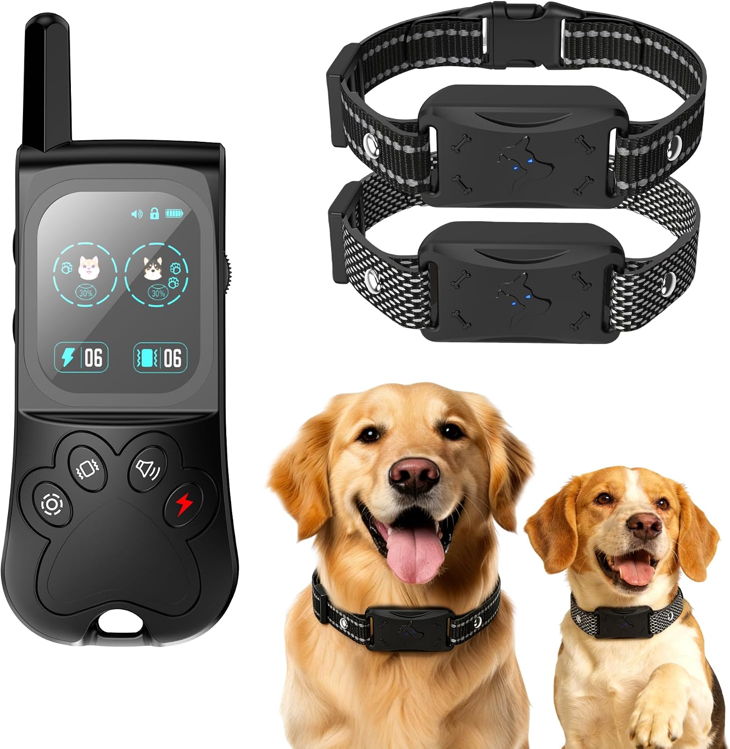 Back view of the sleek black paw design transmitter for wireless dog boundary