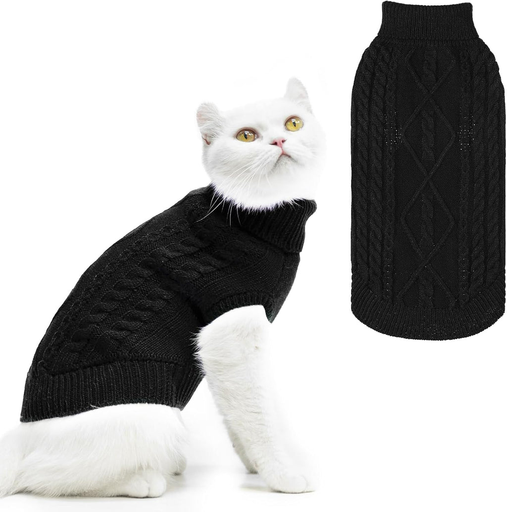 PUPTECK winter cat sweater coat front view black cable knit pet apparel