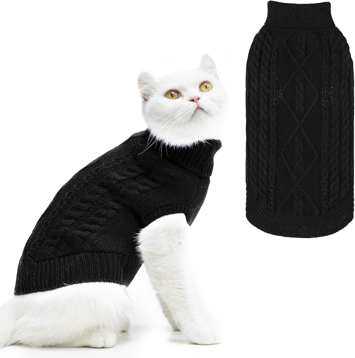 PUPTECK winter cat sweater coat front view black cable knit pet apparel