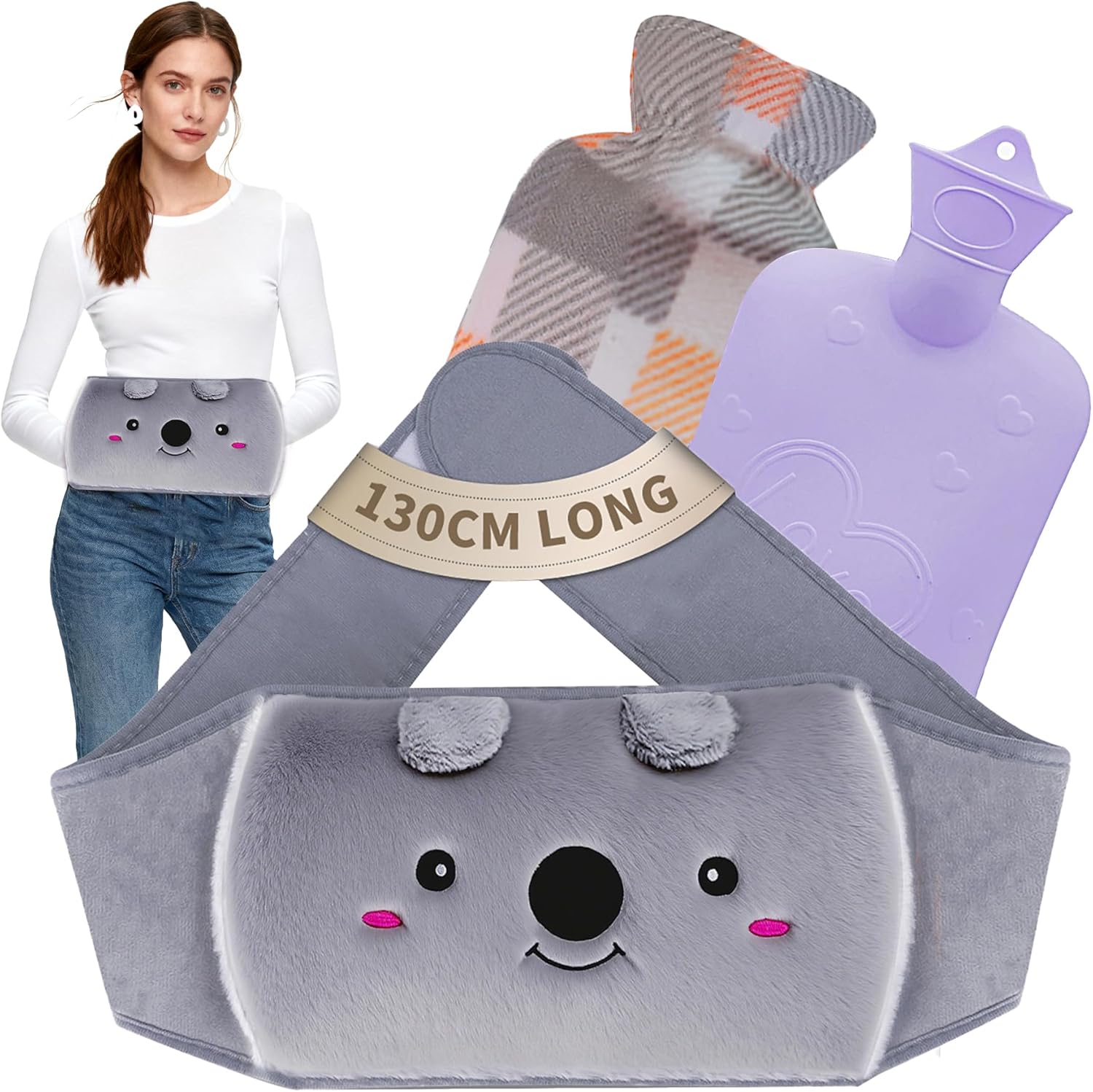 Toxin hot water bottle with plush koala waist cover front view for hands-free heat therapy