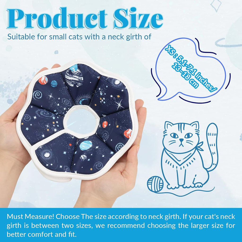 Water resistant blue flower shaped kitten cone collar with adjustable touch fastener closure close up.