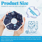 Water resistant blue flower shaped kitten cone collar with adjustable touch fastener closure close up.