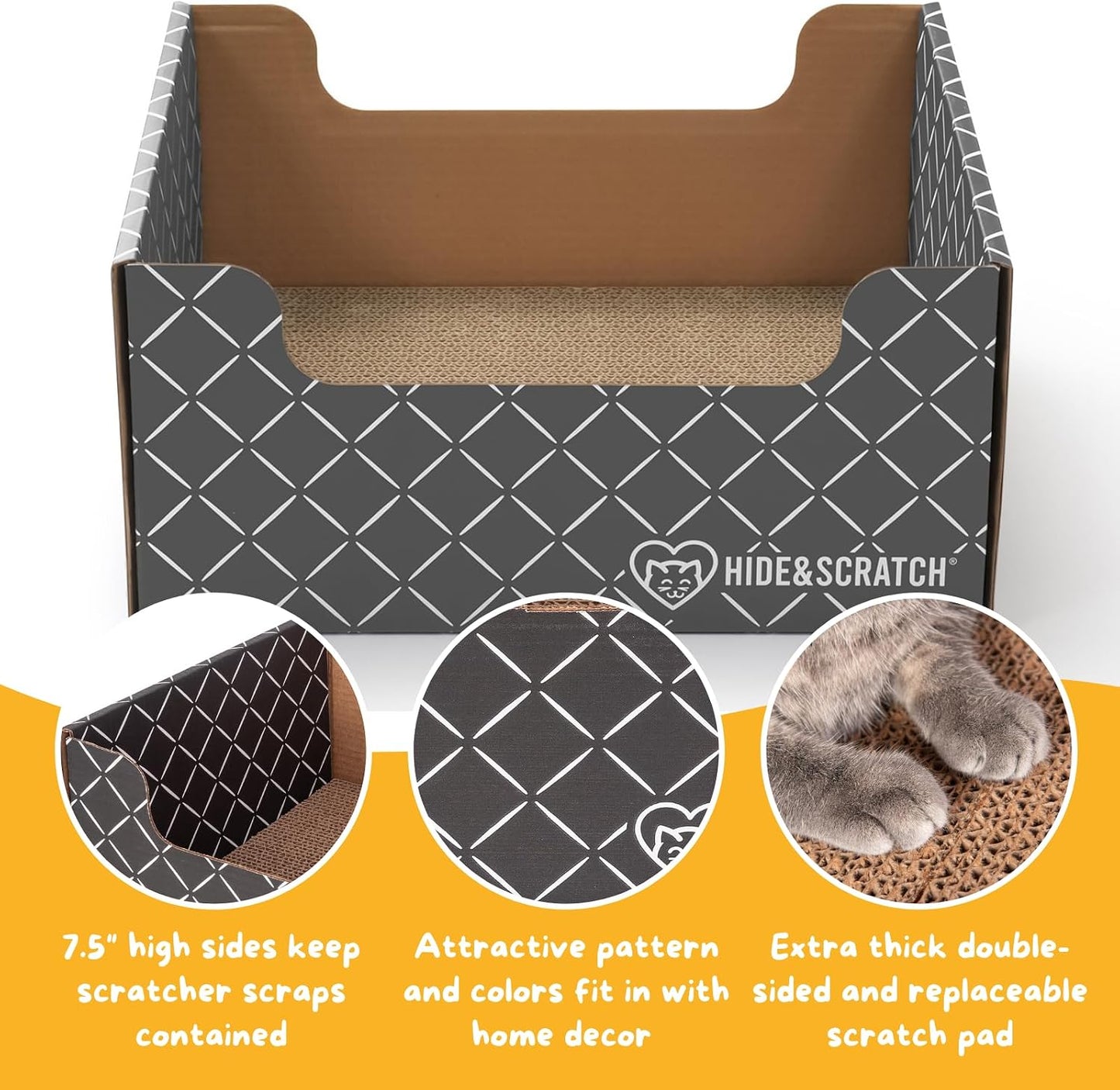 Cat inside Hide and Scratch cardboard lounge box
