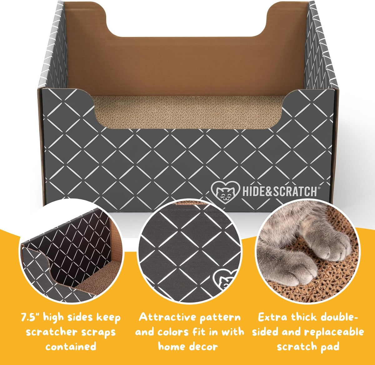 Cat inside Hide and Scratch cardboard lounge box