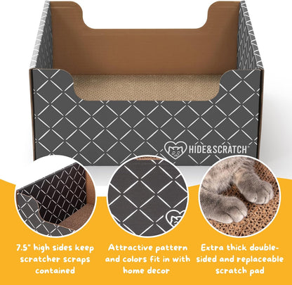 Cat inside Hide and Scratch cardboard lounge box