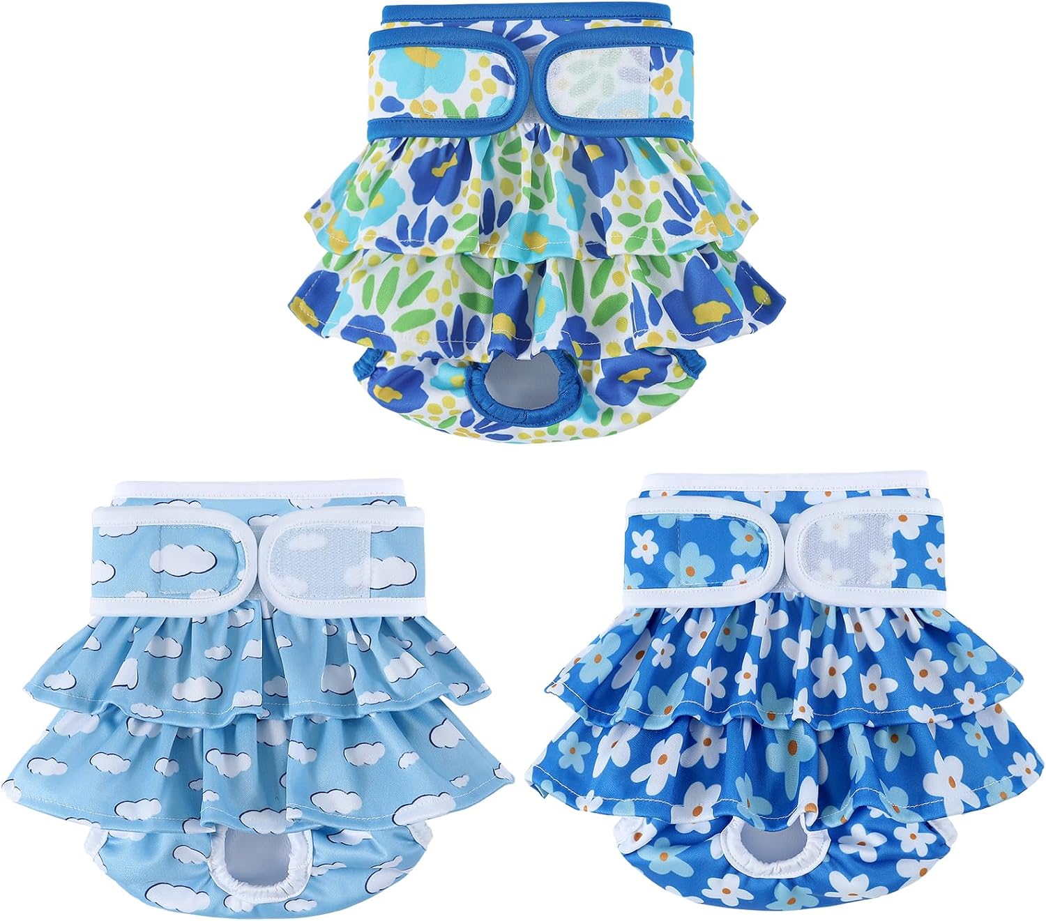 Packaging view of the three pack Mengelina washable dog diapers for female puppies